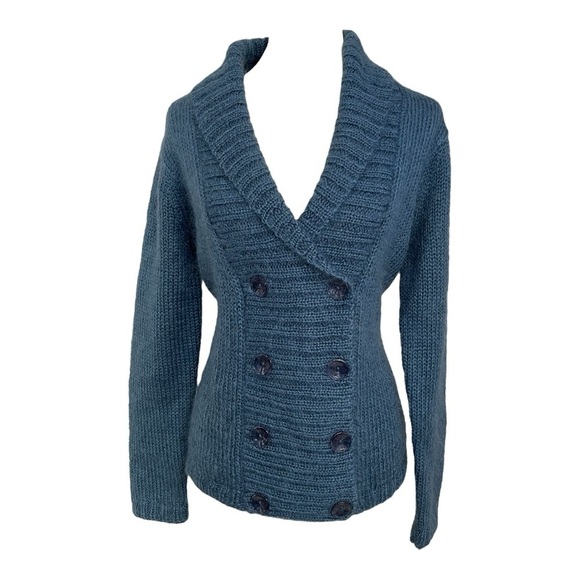Vintage Sweaters - Vintage Talbots Mohair Knit Sweater Women's Blue Double-Breasted Cardigan Cozy